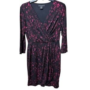 Tahari black V neck faux wrap dress with purple print mini dress size 6